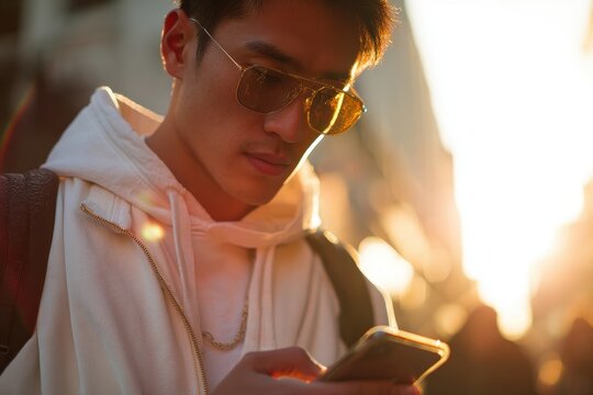 Young Asian male dons sunglasses and operates a smartphone