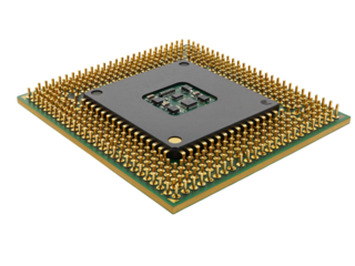 Close up view of a central processing unit computer processor chip with many pins isolated on transparent background