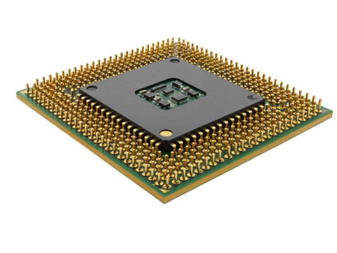 Close up view of a central processing unit computer processor chip with many pins isolated on transparent background