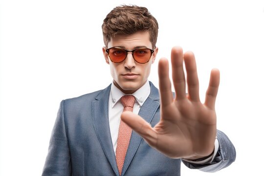 Young entrepreneur signaling stop against white background
