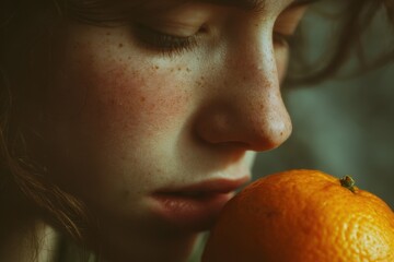 young girl sniffing citrus