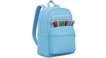 Blue backpack filled with colorful pencils isolated on white background, perfect for school and educational use