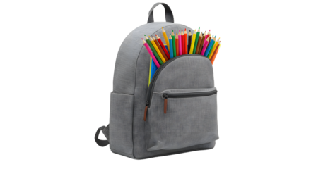 Gray backpack filled with colorful pencils isolated on white background, perfect for school and office use