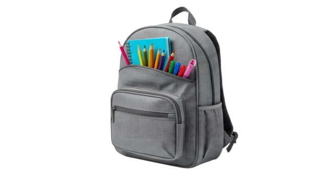 Gray school backpack filled with colorful pencils and pens isolated on white background, perfect for back to school and education themes