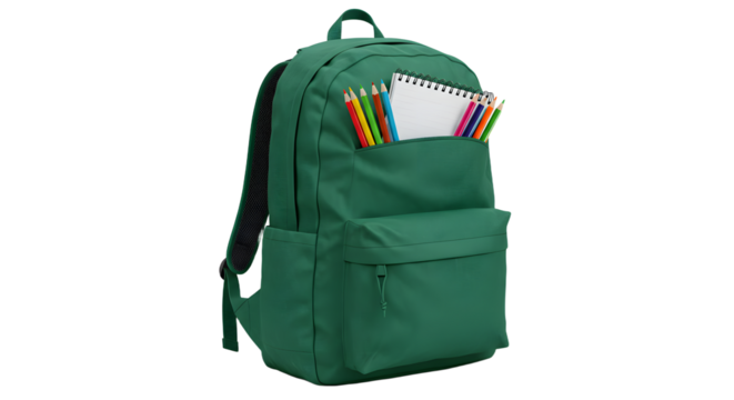 Green backpack filled with colorful pencils and notebook, isolated on white background, perfect for school or study use