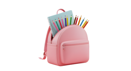Pink backpack filled with colored pencils and a notebook isolated on white background, perfect for school and art projects