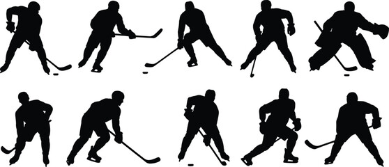 Ice hockey silhouettes, players in motion, goalie action, skating with stick, puck control, team sport concept, flat vector illustration