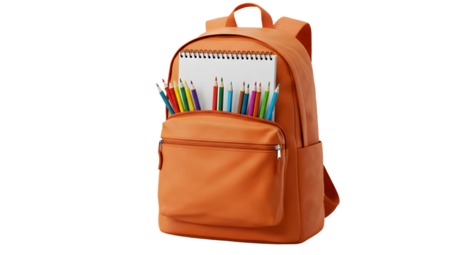Orange backpack filled with colored pencils and a spiral notebook isolated on white background, ideal for school and office supplies