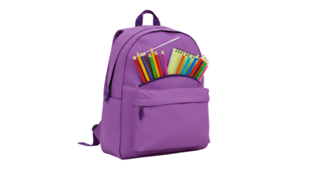 Purple backpack filled with colorful pencils isolated on white background, perfect for school and creative projects