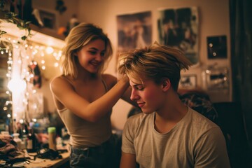 Naklejka premium Young woman giving her boyfriend a haircut at home