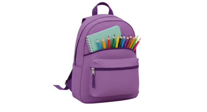 Purple backpack filled with colorful pencils and a spiral notebook, isolated on white background, perfect for school and student use