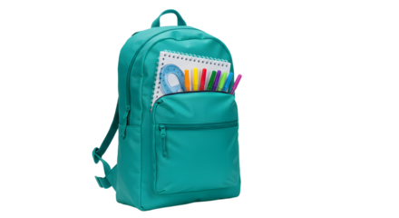 Teal backpack filled with school supplies including colored pencils and a book, perfect for back to school and educational use