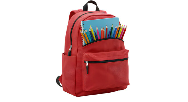 Red backpack filled with colored pencils and notebooks on a white background, perfect for school or study related projects
