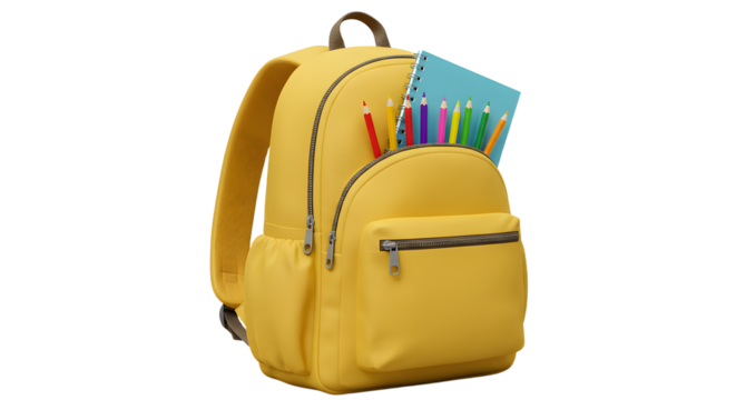 Yellow backpack filled with colored pencils and a blue notebook, back to school essential for students and office workers