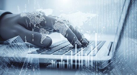 Hand typing on laptop keyboard with digital world map overlay