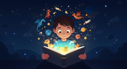 A child engrossed in a book, surrounded by fantastical objects, bathed in magical light.