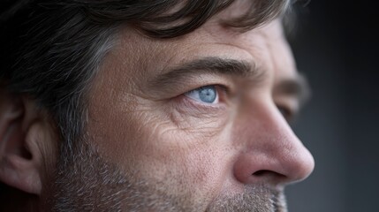Obraz premium Close up profile of an older man's face showing his blue eye skin texture and grey hair