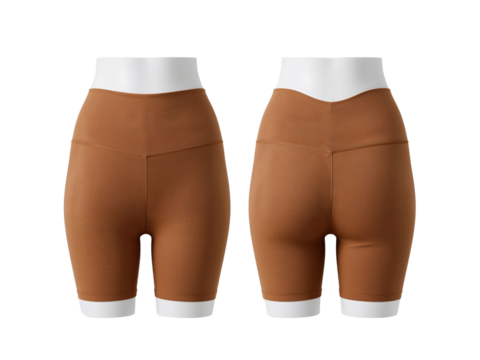 Studio shot of brown athletic compression shorts on mannequins with transparent isolated backdrop
