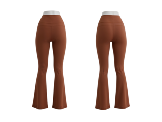 Stylish earth-tone women's bell-bottom yoga pants on an isolated transparent background showcase