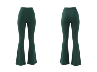 Stylish pair of emerald green flared yoga pants displayed on a transparent backdrop