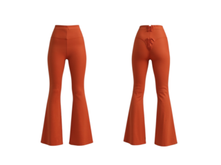 Pair of flared burnt sienna trousers front and back isolated, showcasing stylish design details
