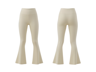 Stylish cream-colored flare yoga pants front and rear view isolated on transparent background