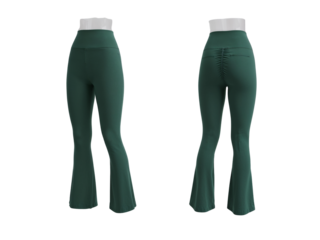 Elegant flared yoga pants in a sophisticated forest green hue isolated on a transparent layer