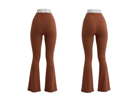 Stylish earth-tone women's bell-bottom yoga pants on an isolated transparent background showcase