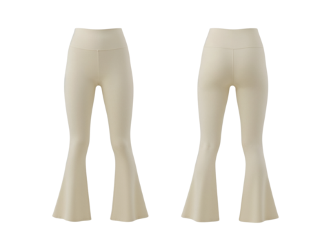Stylish cream-colored flare yoga pants front and rear view isolated on transparent background