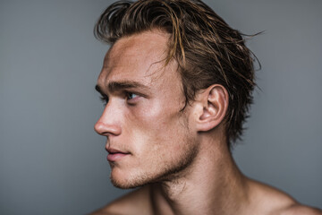 profile portrait of man with strong neck and sweaty hair against ultrabright solid background