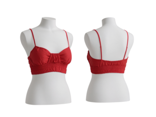 Elegant red bra showcased on a mannequin in a studio setting with transparent space