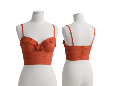 Rust colored ruffled crop top displayed on mannequins with a transparent background ideal for