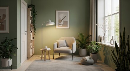 Fototapeta premium Create a serene, modern escape with this inviting living space featuring a comfortable armchair, warm lighting, and lush greenery, perfect for relaxation and mindful living in your home