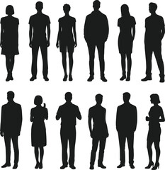 Silhouette people standing in various poses, male and female figures, casual and formal, flat design, minimal vector illustration, communication
