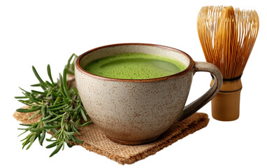 Green matcha tea fills a textured ceramic mug on burlap with soft lighting. Ideal for food product photography, wellness blogs, and health-focused posters.