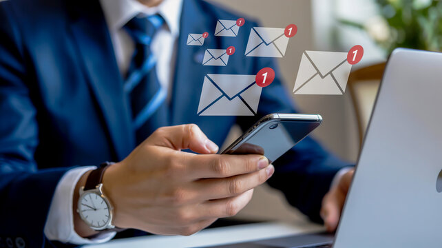 Businessman checking smartphone with incoming email notifications and laptop hands mobile phone
