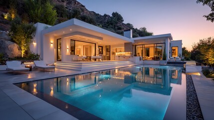 Fototapeta premium Modern White House at Sunset Hillside Landscape: Elegant Architecture in a Scenic Setting
