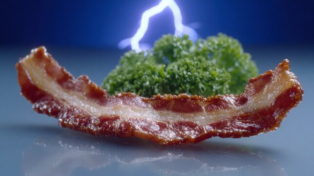 Crisp bacon strip with parsley garnish against a dramatic lightning filled sky