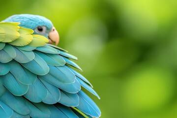 Fototapeta premium Colorful parrot bird plumage in close up detail against green nature background