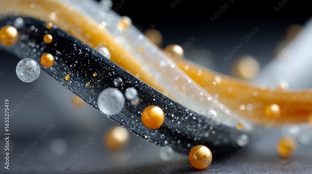 Poster close up of abstract flowing strands in black gold and white with floating spheres and sparkles