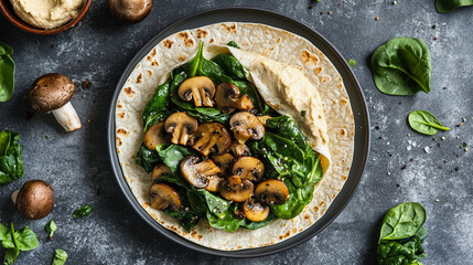 Fresh creamy hummus topped with sautéed sliced mushrooms and spinach leaves served in a bowl on...