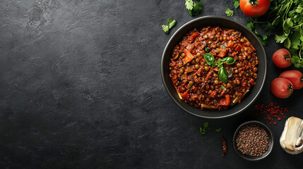 Delicious homemade traditional spicy meat sauce with fresh vegetables and herbs served in a black...