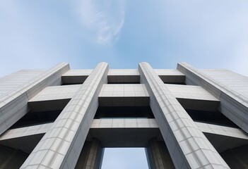 Low-angle view of a modern building's facade, showcasing its imposing pillars and geometric design against a clear sky.