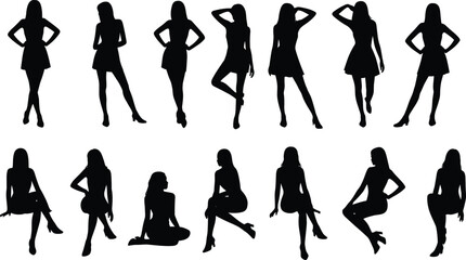 Silhouettes of stylish women posing, sitting and standing positions, elegant female fashion models, minimal style, flat design, vector illustration