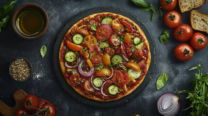 Freshly baked vegetable and pepperoni pizza with vibrant toppings on dark stone surface surrounded...