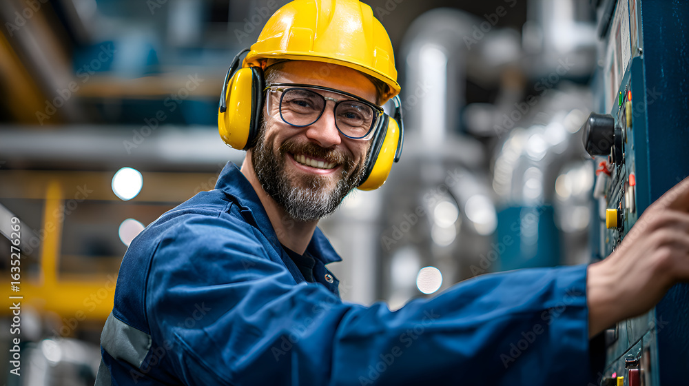 Poster smiling engineer operating machinery in factory control room