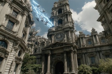 Ancient city buildings, struck by lightning