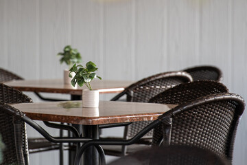 Multiple square wooden tables with black rattan chairs. The backs of the chairs are rounded. Each...