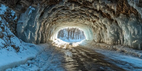 A breathtaking frozen tunnel, where light reflects off intricate ice formations