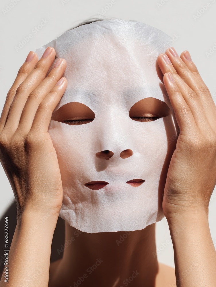 Poster model applying a sheet mask with hands on forehead, enjoying a skincare routine in a minimalistic se